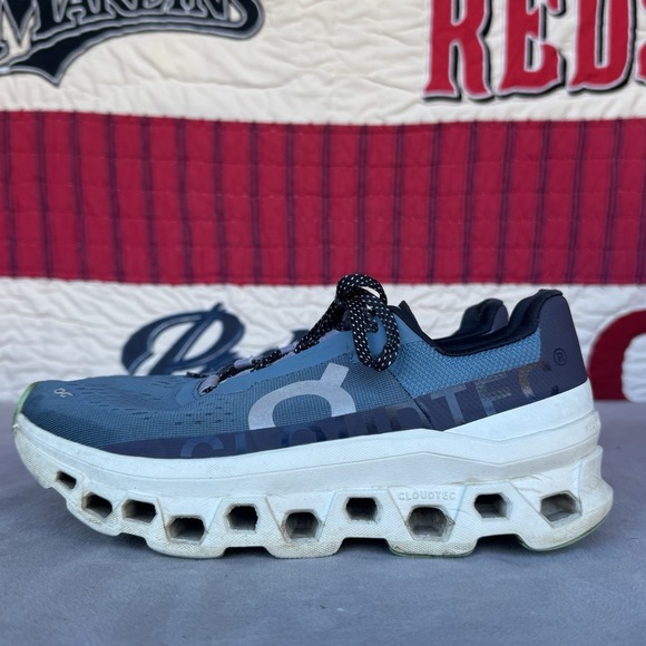 Once We Were Warriors Shoes - Size 9.5 - On Cloudmonster Shoes Womens Blue Green Running Sneakers Road Cushion